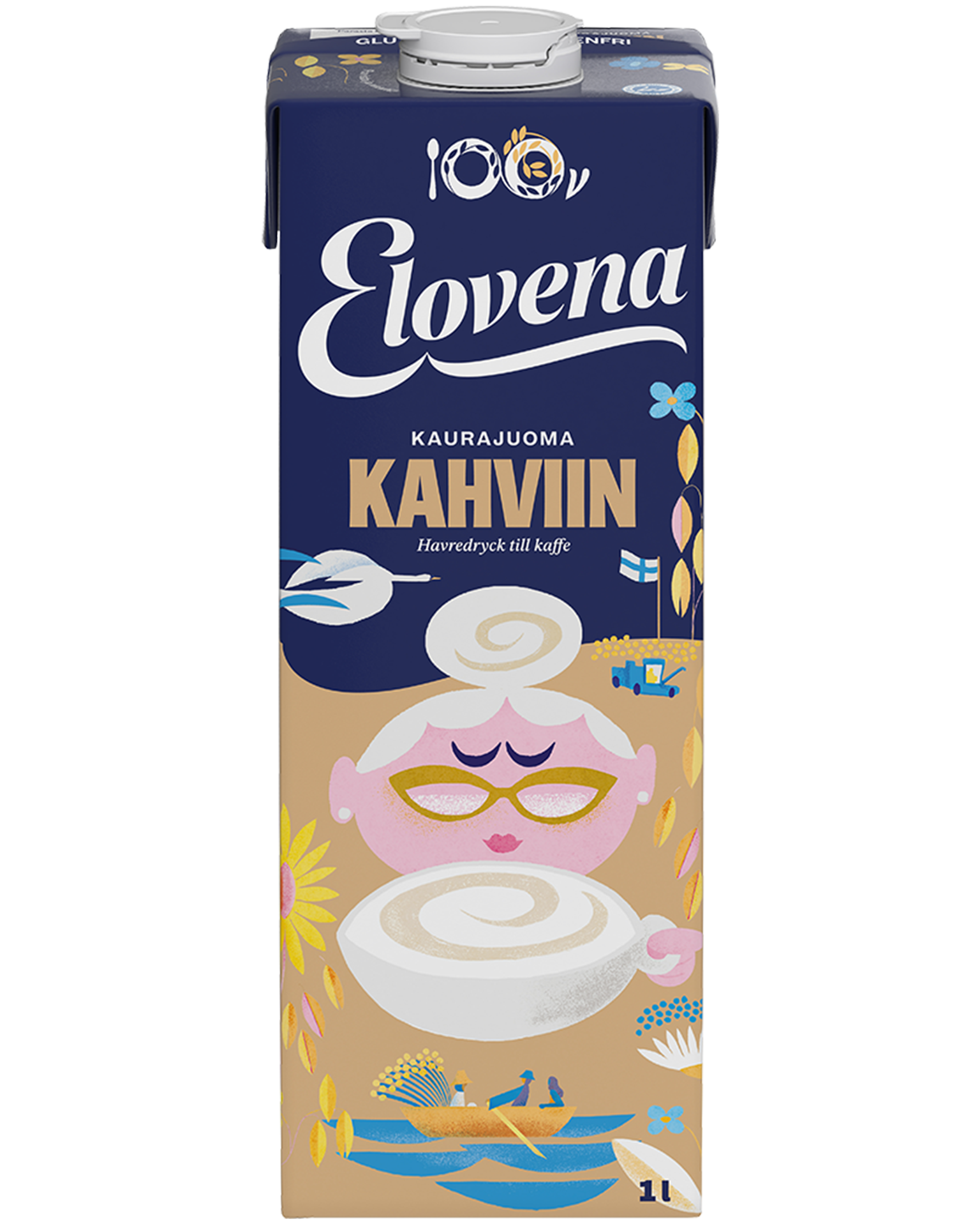 Elovena kaurajuoma kahviin juhlavuoden pakkauksessa